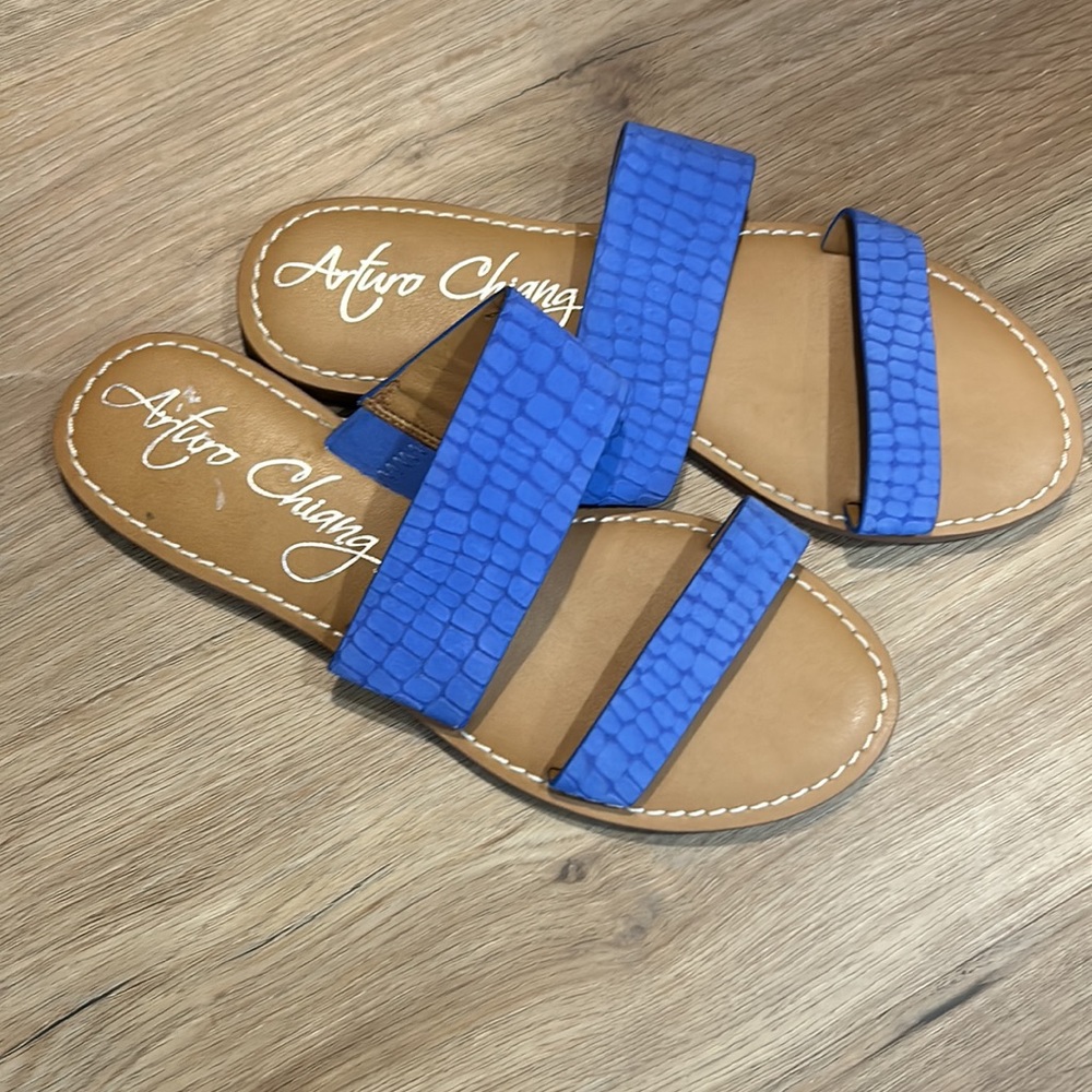 Arturo Chiang Taniel bright Blue leather embossed slip on sandals flats.